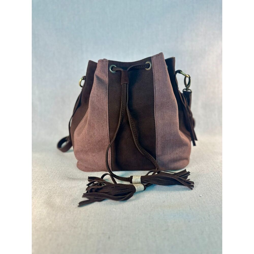 Fredd + Basha Brown Suede Canvas Fringe Crossbody Bucket Bag